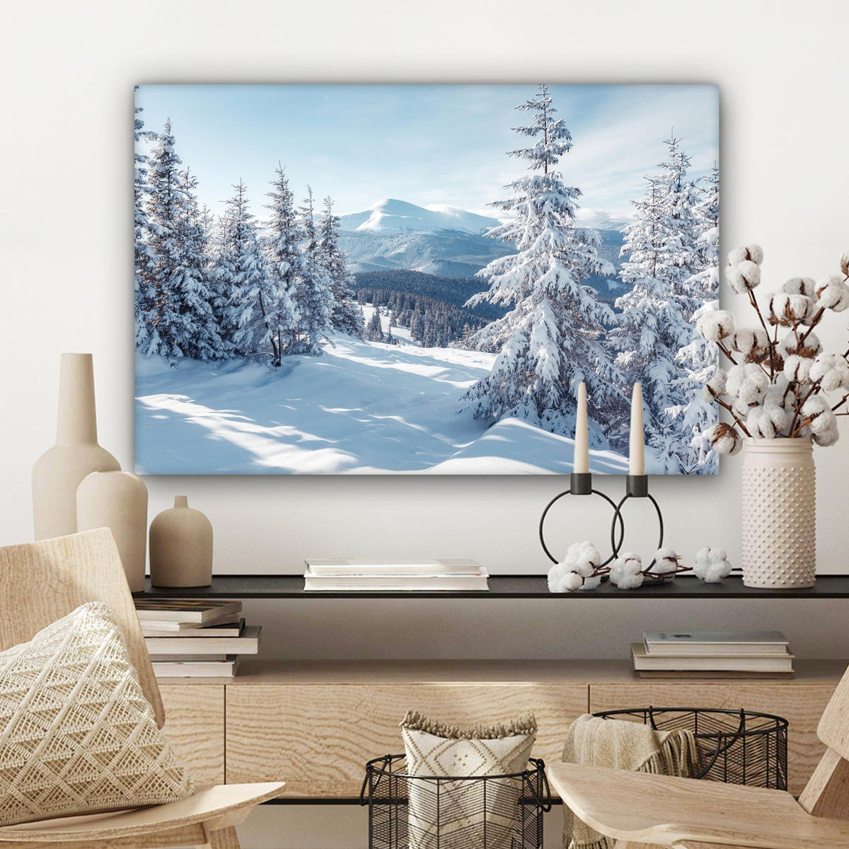 LEINWANDBILD Winterlandschaft - Natur - Berge - Bäume - Schnee Wanddeko 90x60 cm - Hellblau, Textil (90/60cm) - MuchoWow