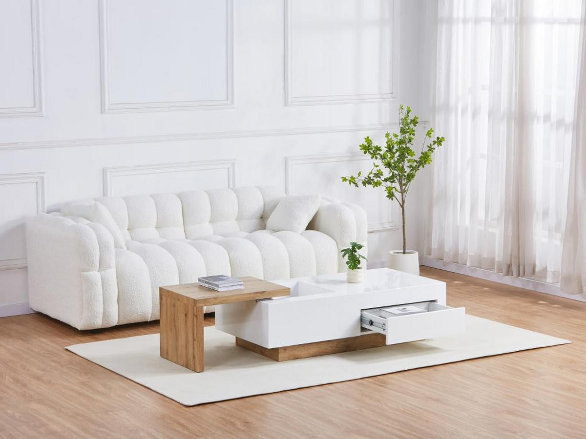AUSZIEHBARER Couchtisch - 1 Schublade und 1 Ablagefach - MDF - Holzfarben und Weiß - MANDREA - Naturfarben, Holz (178/60/38cm) - Vente-Unique