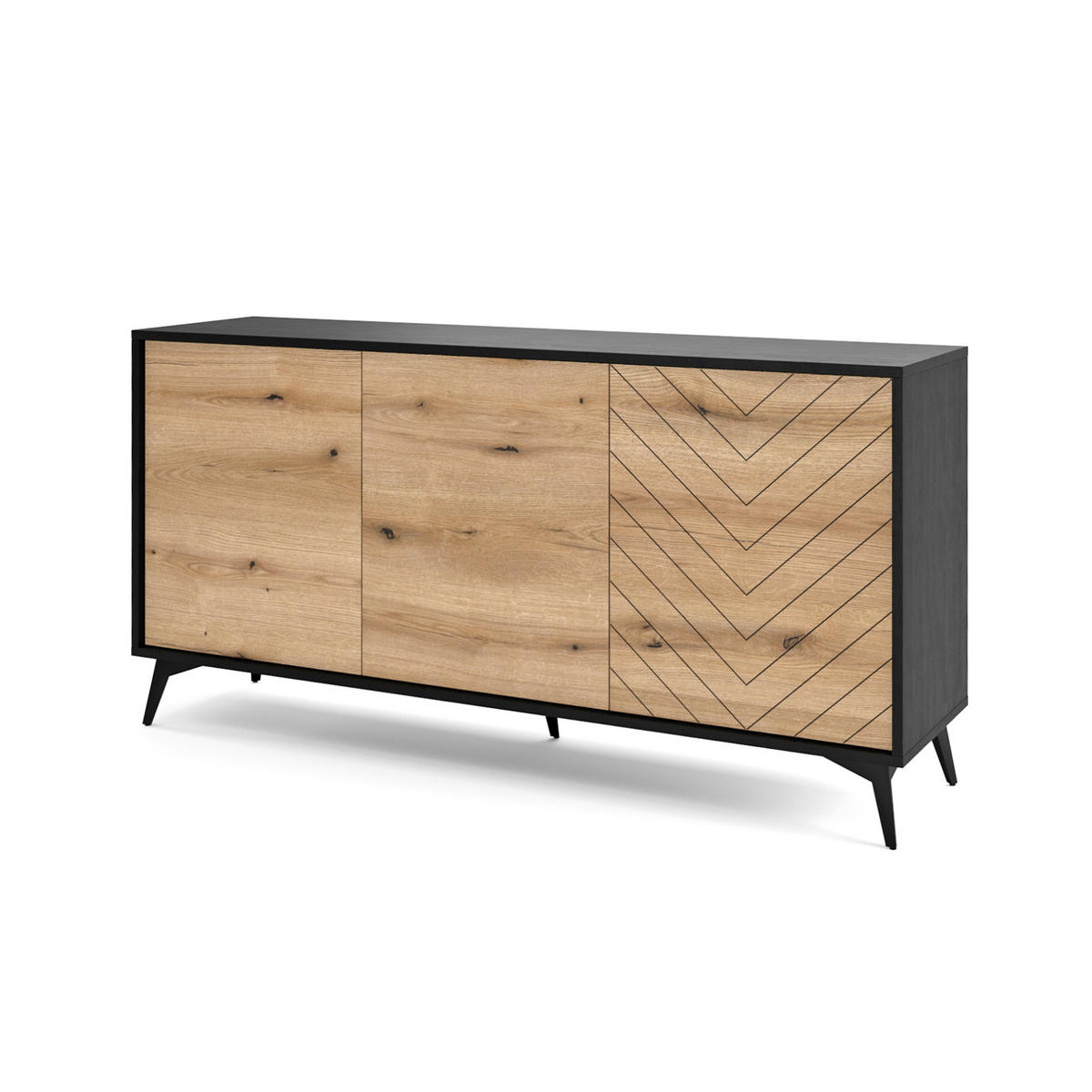 SIDEBOARD Boulia Schwarz mit Fischgrätfronten in Eiche 154 cm - Eichefarben/Schwarz, Holzwerkstoff/Metall (154/77/39cm) - Selsey