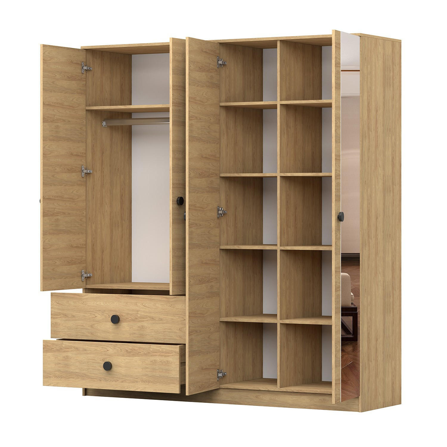 DREHTÜRENSCHRANK 180/205/52,2 cm Lux 4D2S Hickory Eiche, Hickory Eiche - Schwarz/Sonoma Eiche, Holz/Holzwerkstoff (180/205/52.2cm) - imoebel24