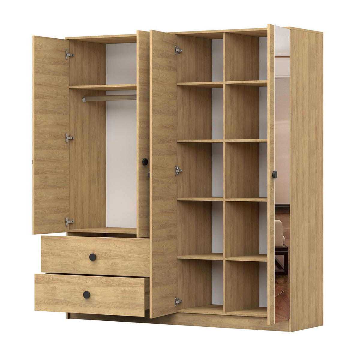 DREHTÜRENSCHRANK 180/205/52,2 cm Lux 4D2S Hickory Eiche, Hickory Eiche - Schwarz/Sonoma Eiche, Holz/Holzwerkstoff (180/205/52.2cm) - imoebel24