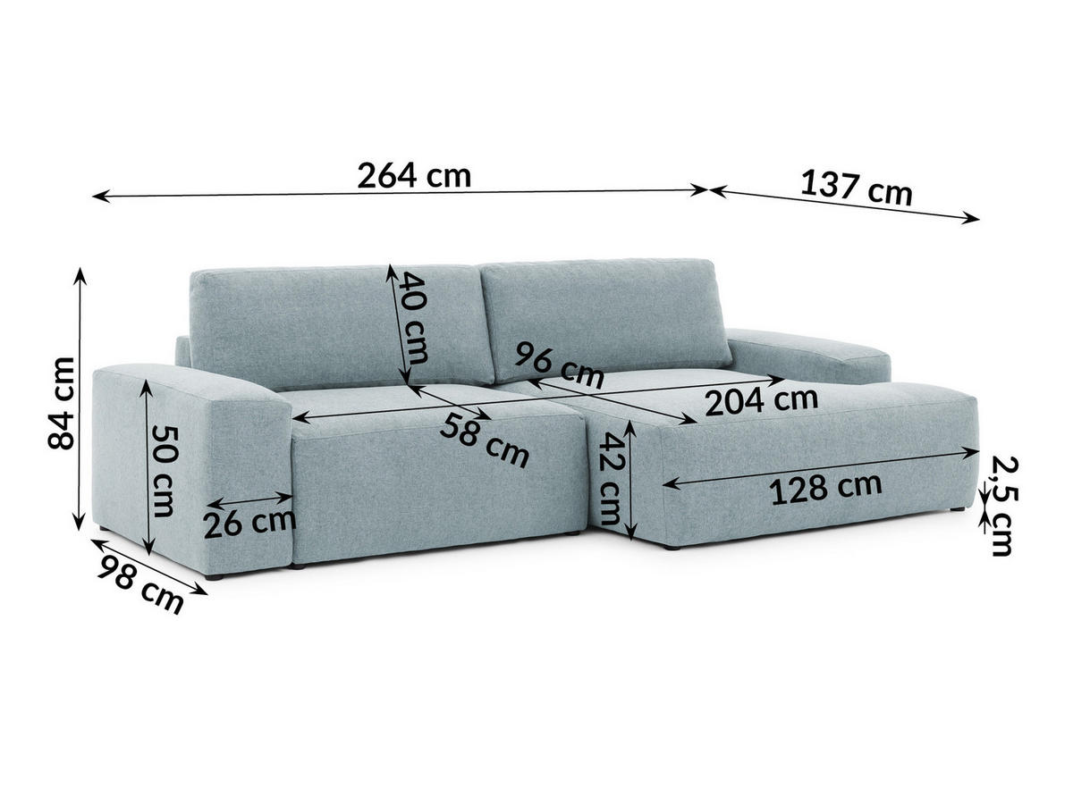 ECKSOFA Lennon aus Hellblau Strukturstoff mit Schlaffunktion und Bettkasten - Schwarz/Hellblau, Holz/Kunststoff (264/137cm) - S-Style