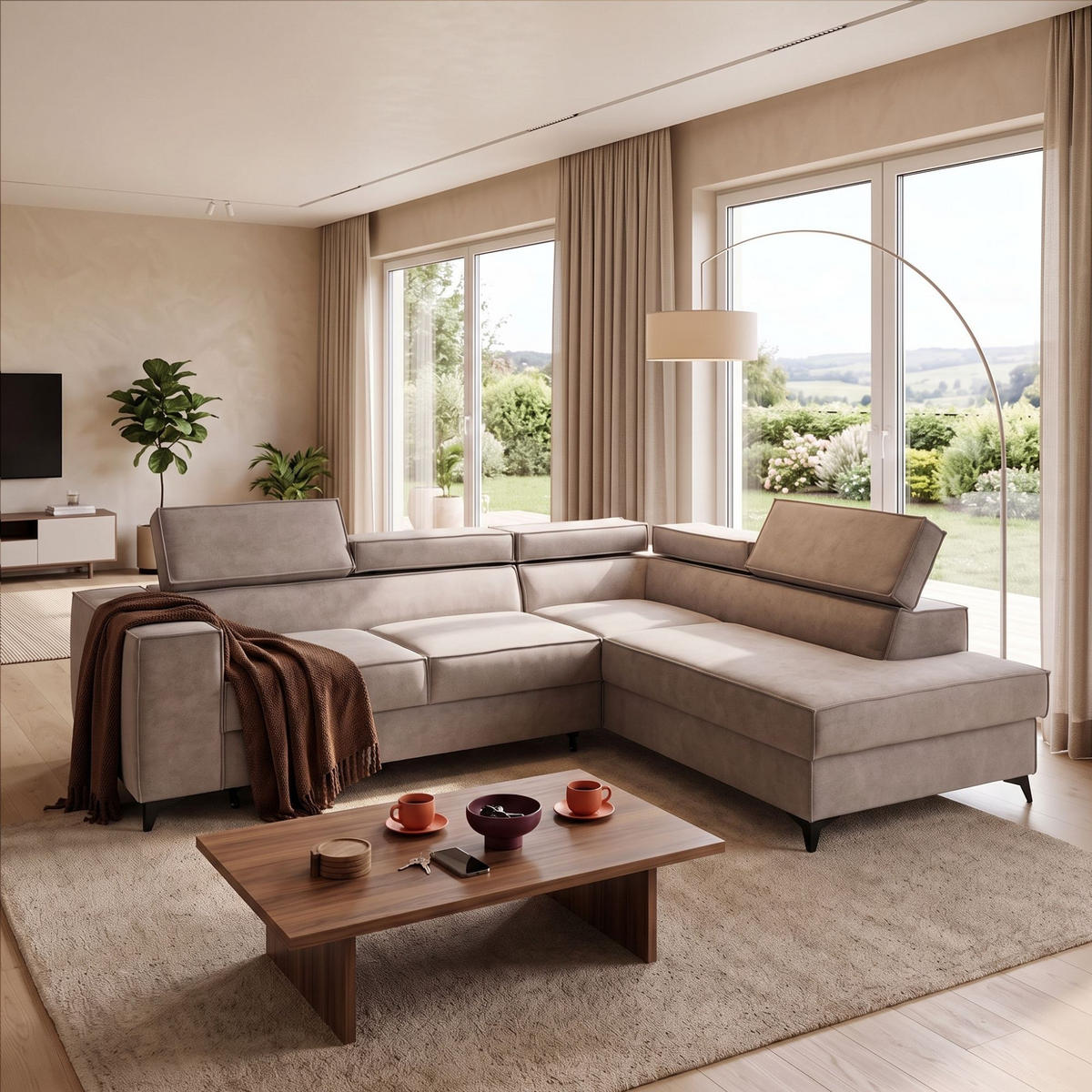 ECKSOFA PURE L Rechts mit Schlaffunktion 127x199 Velours Creme - Creme/Schwarz, Holz/Textil (204/281cm) - Muffo