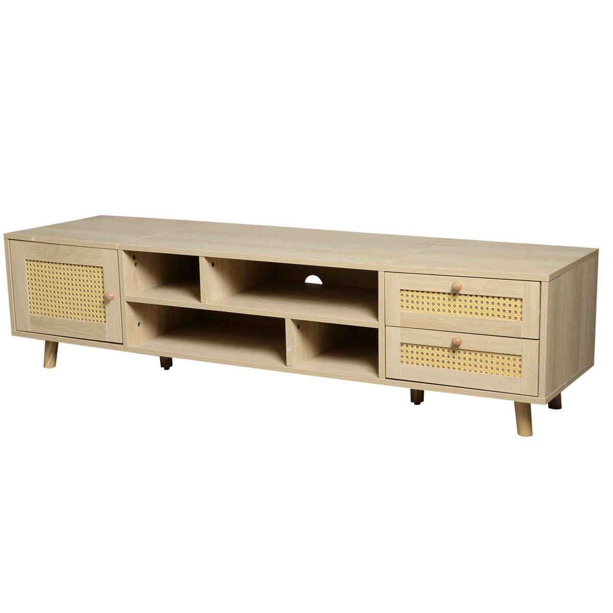 TV-LOWBOARD aus Spanplatte und Rattan 160x39x40,5 cm Eiche mit 2 Schubladen und Kabelführung - Naturfarben, Holzwerkstoff (160/40/39cm) - IVMEU