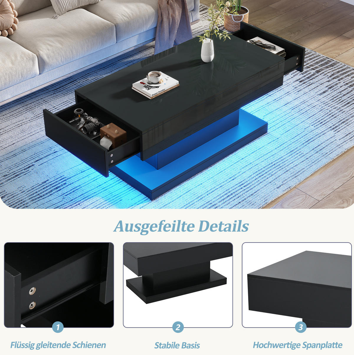 COUCHTISCH 100/50/45 cm Schwarz aus Spanplatte mit 2 Schubladen und LED-Lichtstreifen - Schwarz, Holzwerkstoff (100/50/45cm) - OKMYHOME