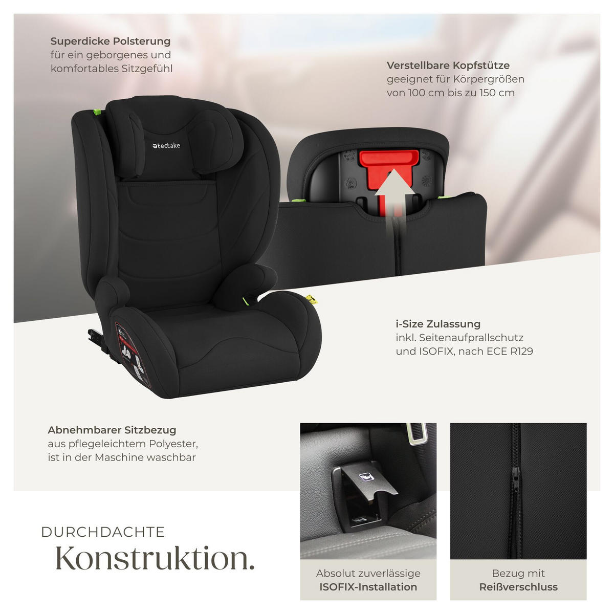 AUTOSITZ Levi, von 100 bis 150 cm, Belastbarkeit 36 kg, schwarz - Schwarz, Kunststoff (48/81/45cm) - tectake