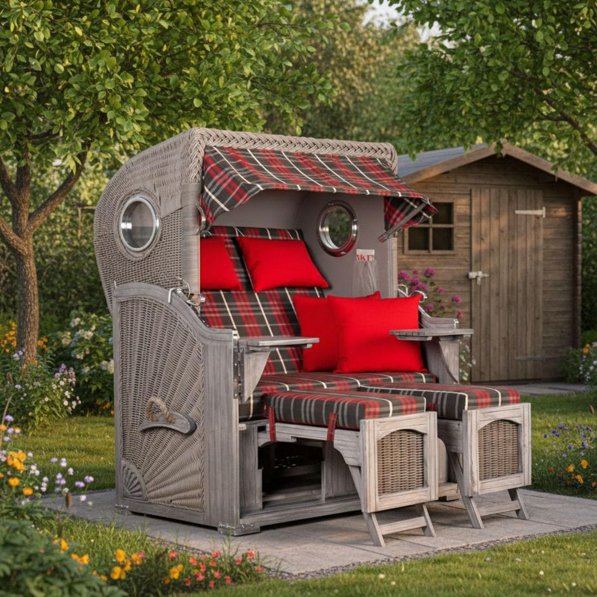 STRANDKORB Düne Koboo Grau Bullaugen - Rot/Braun, Metall (125/170/80cm) - Mr. Deko