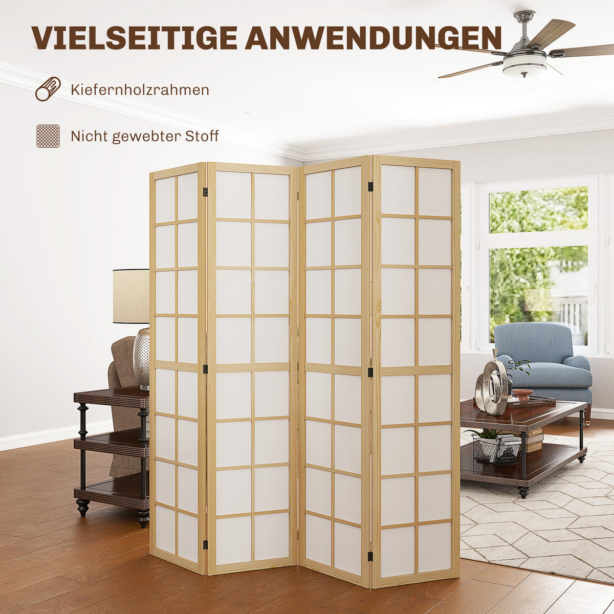 PARAVENT 4-teilig 160 x 170 cm Trennwand Raumteiler für Wohnzimmer Natur - Naturfarben, Holz (1.7/170/160cm) - HOMCOM