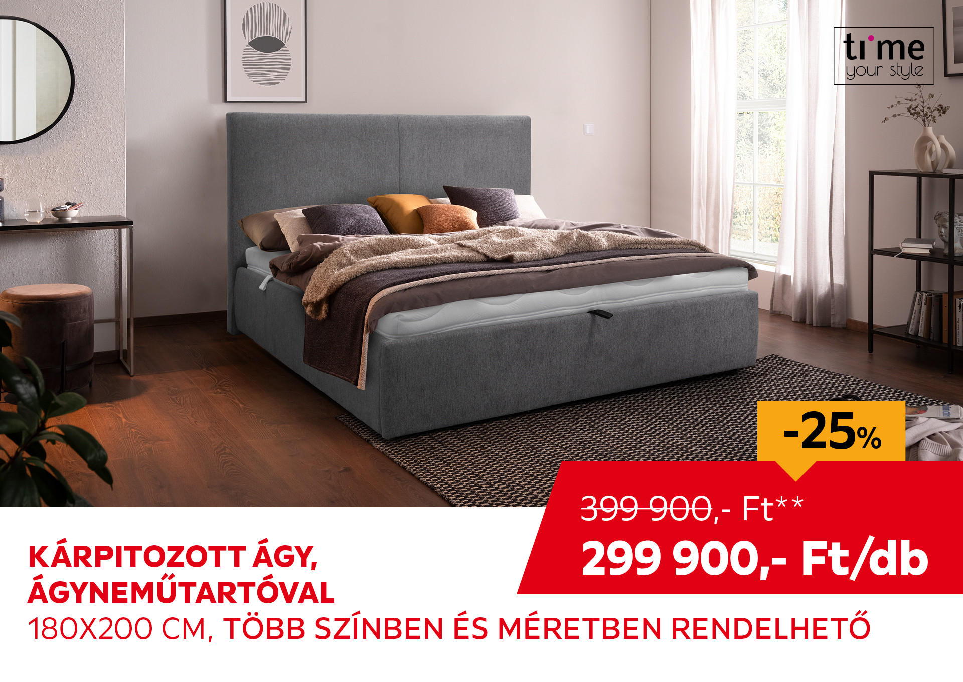 KÁRPITOZOTT ÁGY, ÁGYNEMŰTARTÓVAL 180x200 cm Kiemelt termék 399900 Ft.- helyett 299900 Ft.-