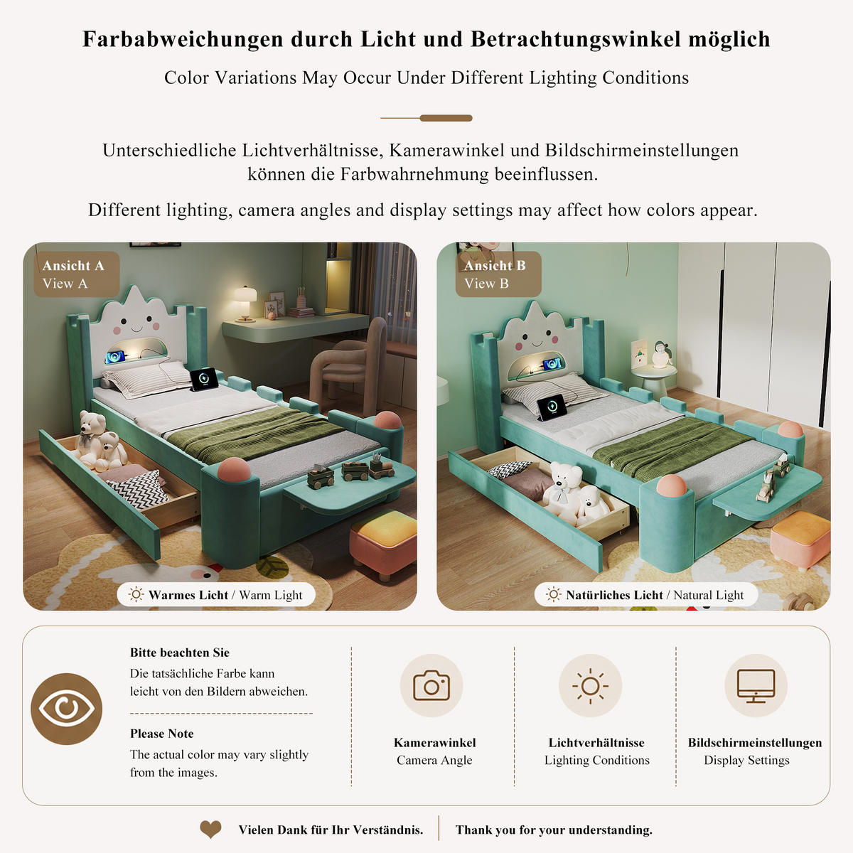 POLSTERBETT 90/200 cm in Blaugrün mit LED-Leselampe, USB-Anschluss, Stauraum-Schublade und klappbarer Ablage aus Samt - Blau/Grün, Holzwerkstoff/Textil - STILVORA