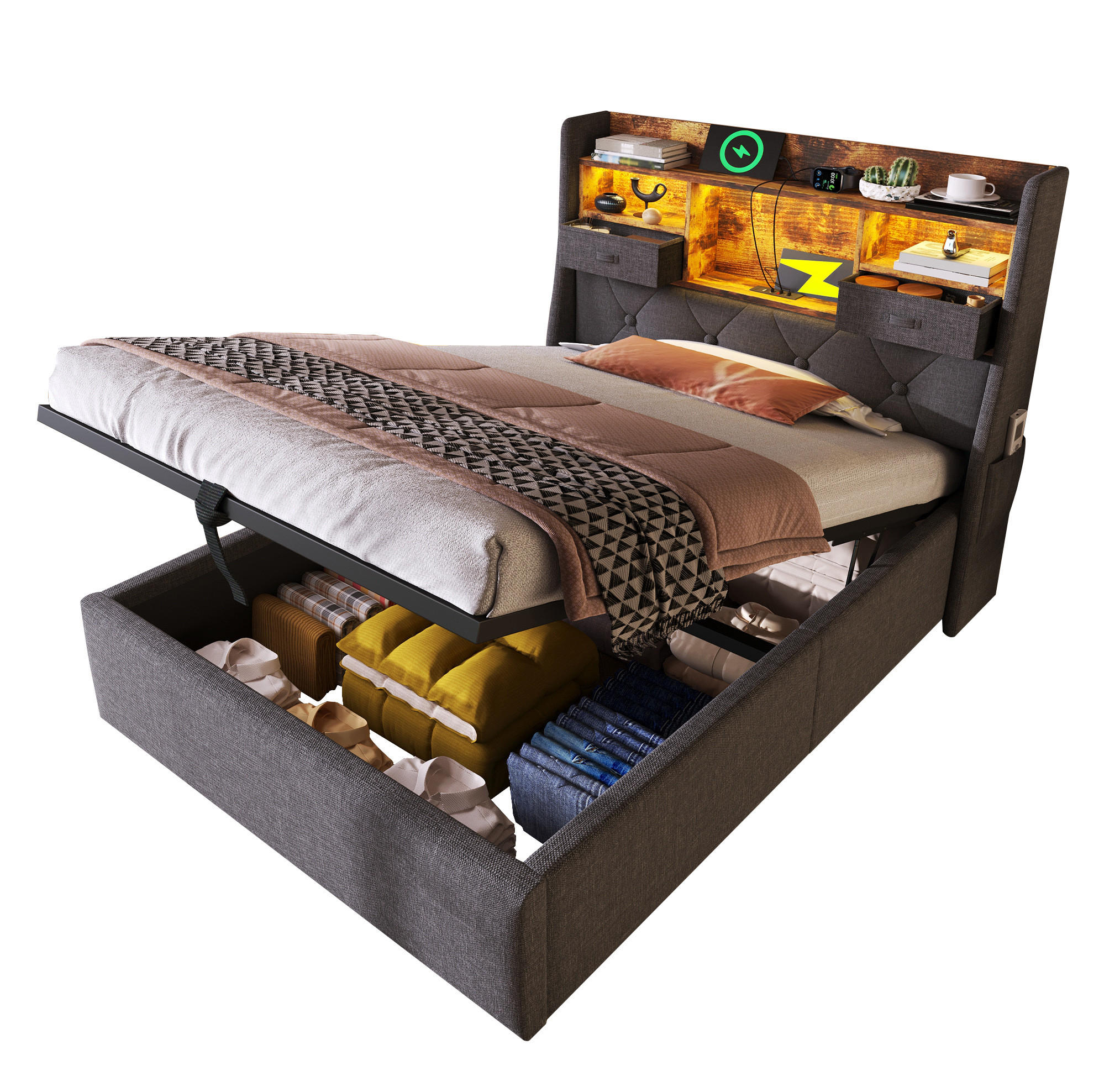 POLSTERBETT 90/200 cm Grau mit Stauraum und LED, USB- und Type-C-Anschlüssen - Grau, Textil (90/200cm) - Flora Grace