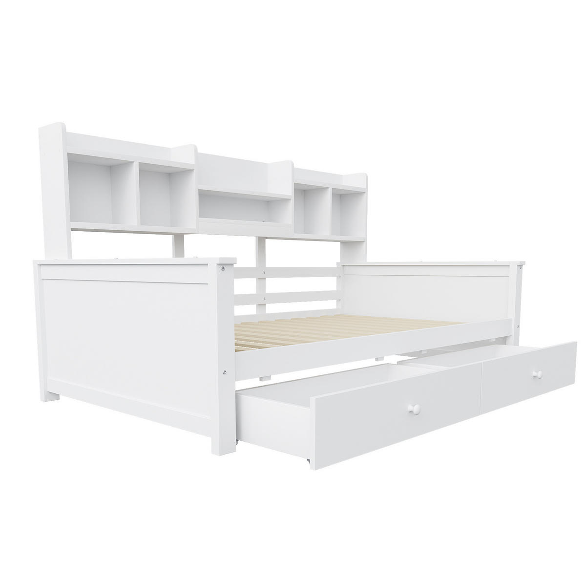SCHLAFSOFA 90/200 cm mit 2 Schubladen, Seitenregalen und Lattenrost aus Massivholz, Weiß - Weiß, Holzwerkstoff (97/110/205cm) - Redom