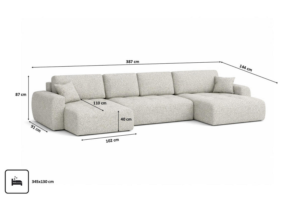 ECKSOFA Mit Schlaffunktion Und Bettkasten U-Form Ivo U XL, Chenillestoff Artico, Nata - Beige, Holz (387/144cm) - Kaiser Möbel