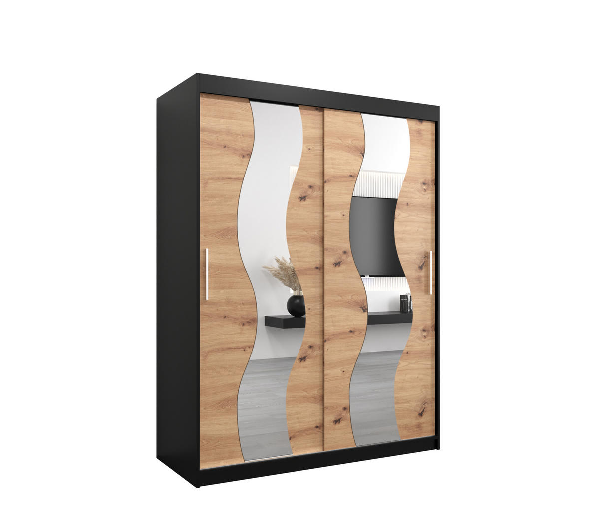 SCHWEBETÜRENSCHRANK 200/150/62 2-türig - Silberfarben/Schwarz, Holz/Kunststoff (150/200/62cm) - Abiks Möbel