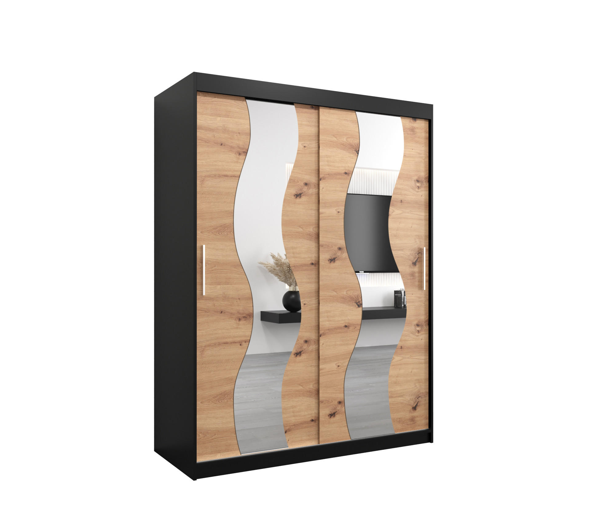 Abiks Möbel SCHWEBETÜRENSCHRANK Schwarz, Eiche Artisan 150cm × 62cm × 200cm