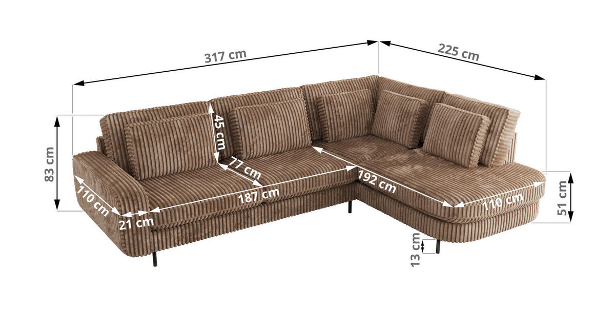 ROHOVÁ SEDAČKA CALENO L - Hnědá Manšestr - Levá Strana - černá/hnědá, kov/textil (317/225cm) - MKS
