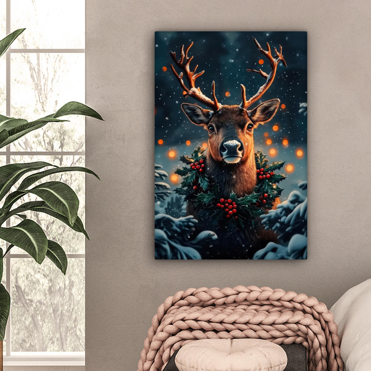 LEINWANDBILD Hirsch - Weihnachten - Winter - Schnee - Weihnachtskranz Wanddeko 40x60 cm - Dunkelbraun, Textil (40/60cm) - MuchoWow