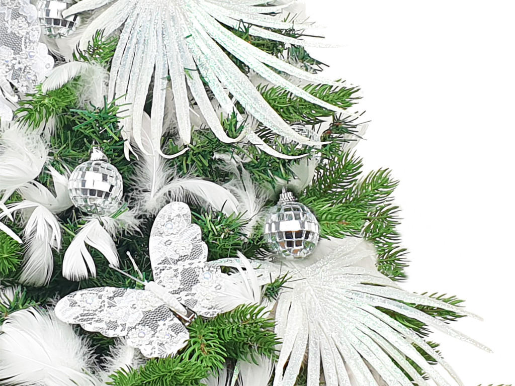 WEIHNACHTSBAUM künstlicher 60 cm mit LED-Beleuchtung, SCHMETTERLINGSGLANZ, mit 25 Weihnachtsbaumschmuck, Pflanztopf mit Jutesack - Silberfarben/Weiß, Kunststoff/Stein (40/60cm) - LAALU