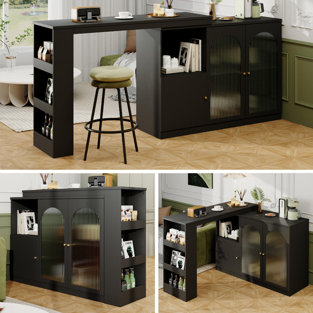 BARSCHRANK 360° drehbar & schwarz mit glastüren & flexiblem bartisch - Schwarz, Holzwerkstoff (40/120/97cm) - Urban Meuble