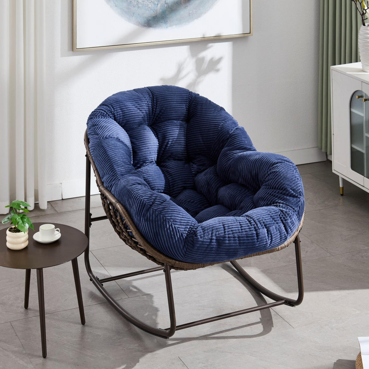 SCHAUKELSTUHL Schaukelsessel,Rattanstuhl mit Stahlrahmen,Dunekelblau-Cord - Dunkelblau, Metall (94.5/80/111cm) - LVHOM