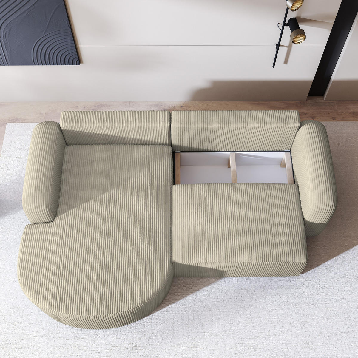 ECKSOFA AMILIA P L-S Creme Kordstoff mit Schlaffunktion - Creme, Holz (263/174cm) - MASSENO