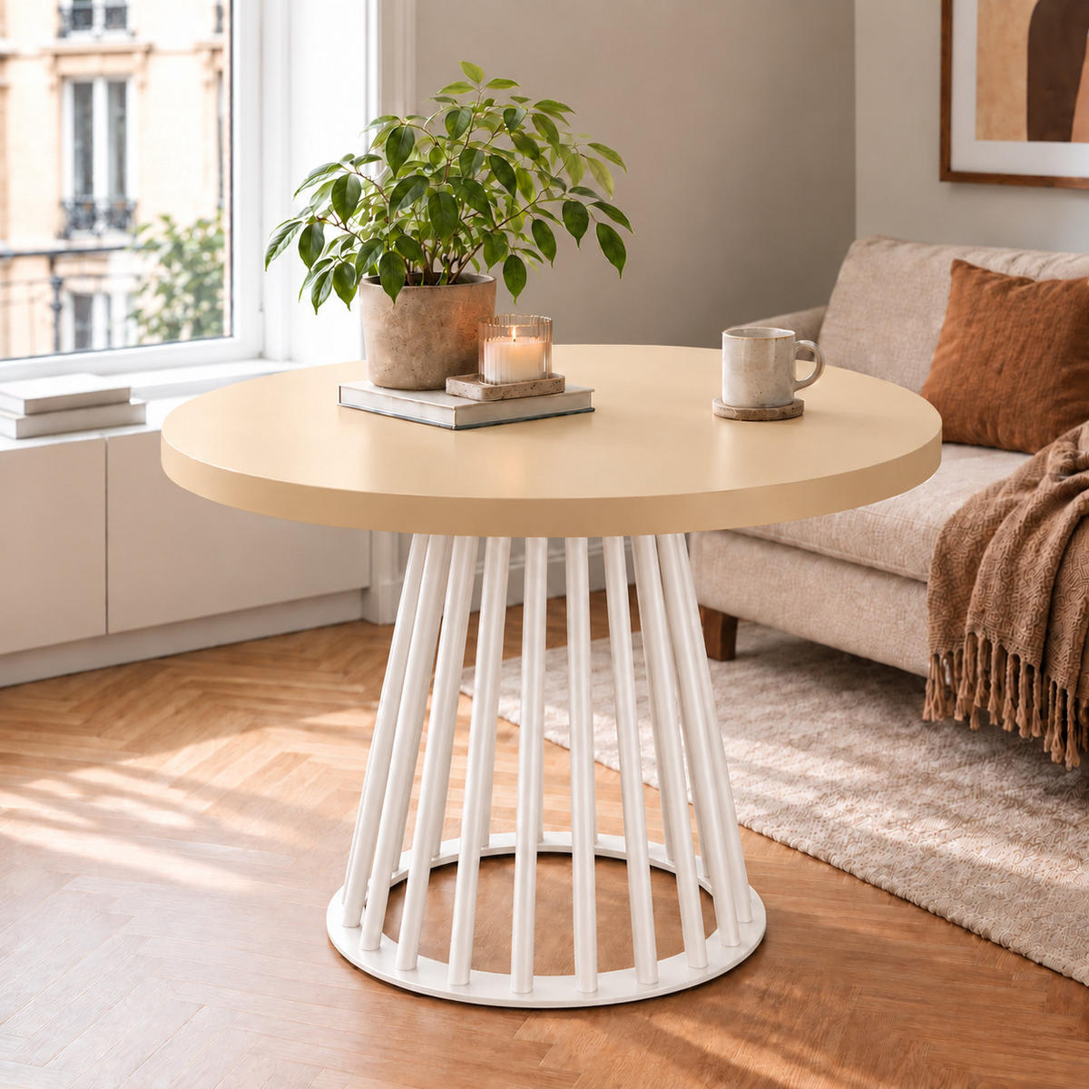 ESSTISCH rund ausziehbar 90/190/76 cm, Kaschmir, 54 cm Tischplatte + Lamellen-Metallgestell Weiß - Kaschmir/Weiß, Holzwerkstoff/Metall (90/190/76cm) - Damale Möbel