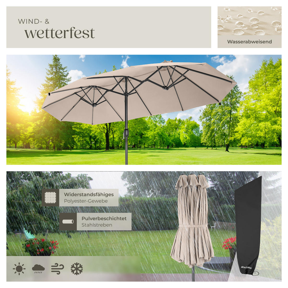 SONNENSCHIRM Silia, UV-Schutz 50+, inklusive Windsicherung und Schutzhülle, beige - Beige, Metall (270/460cm) - tectake