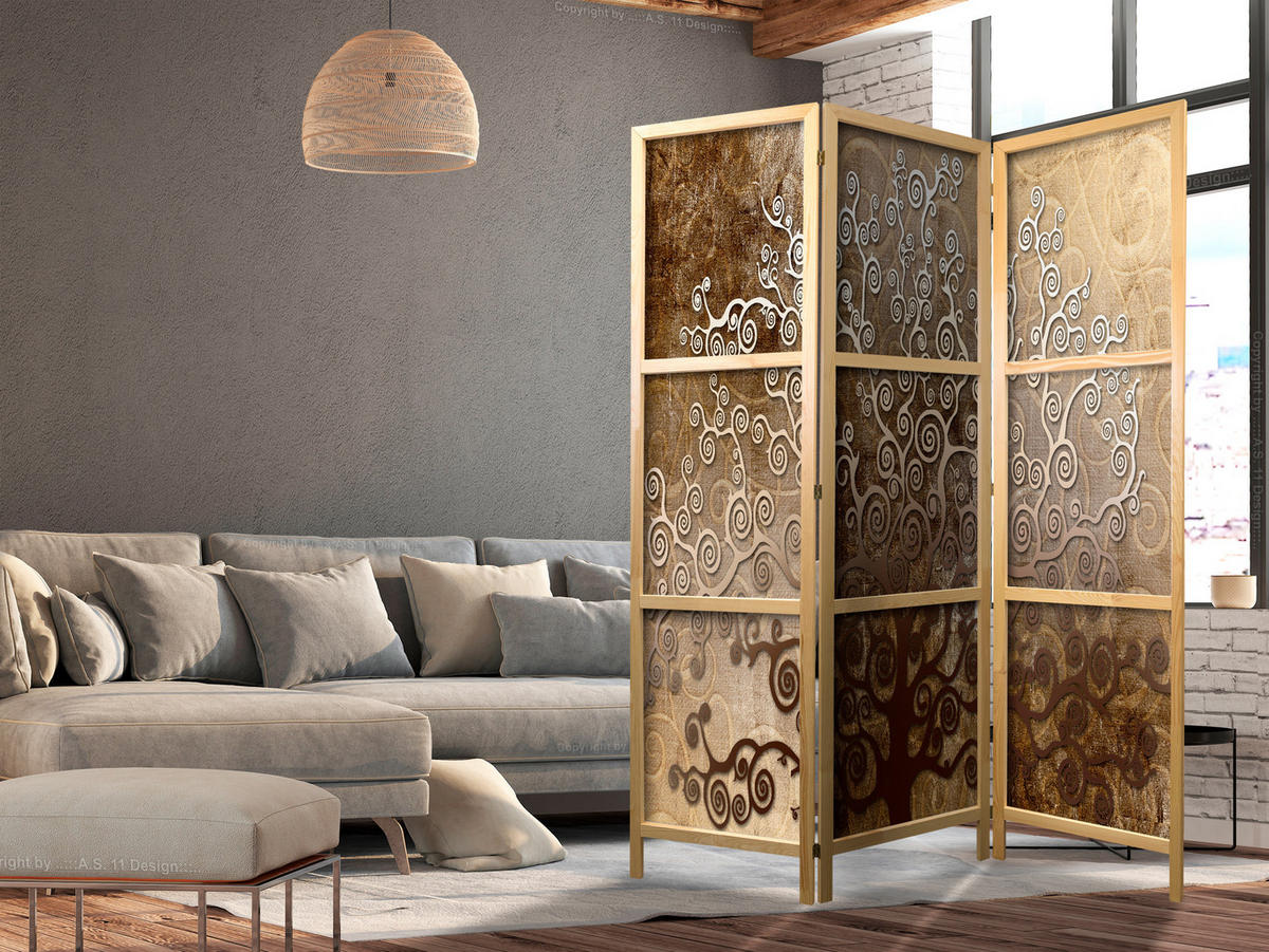 PARAVENT Japanischer 3-tlg 135x172 cm Abstrakter Baum Retro - Braun, Holz/Textil (135/172/3cm) - Muralo