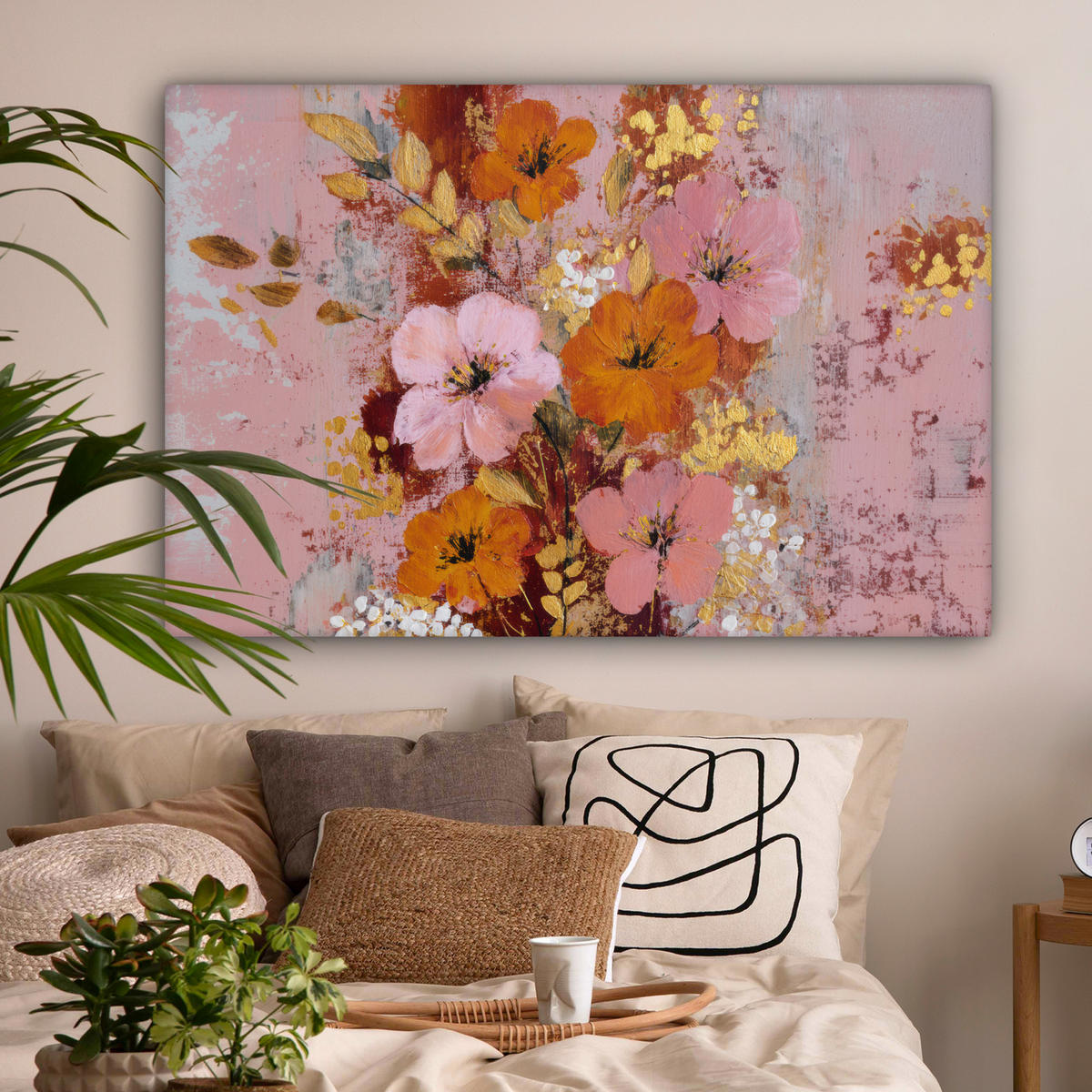 LEINWANDBILD Malerei - Blumen - Rustikal - Rosa Groß 140x90 cm - Altrosa, Textil (140/90cm) - MuchoWow