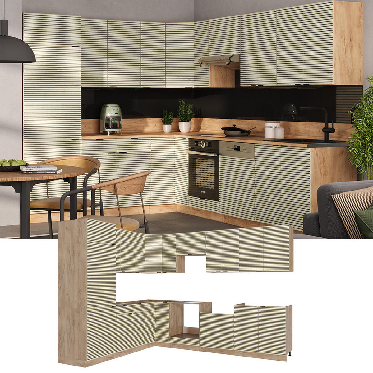 ECKKÜCHE Fame-Line Eiche Paneel/Goldkraft Eiche 227 x 287 cm , AP Anthrazit - Honigeiche/Hellbraun, Holzwerkstoff (227/81.6/60cm) - Vicco
