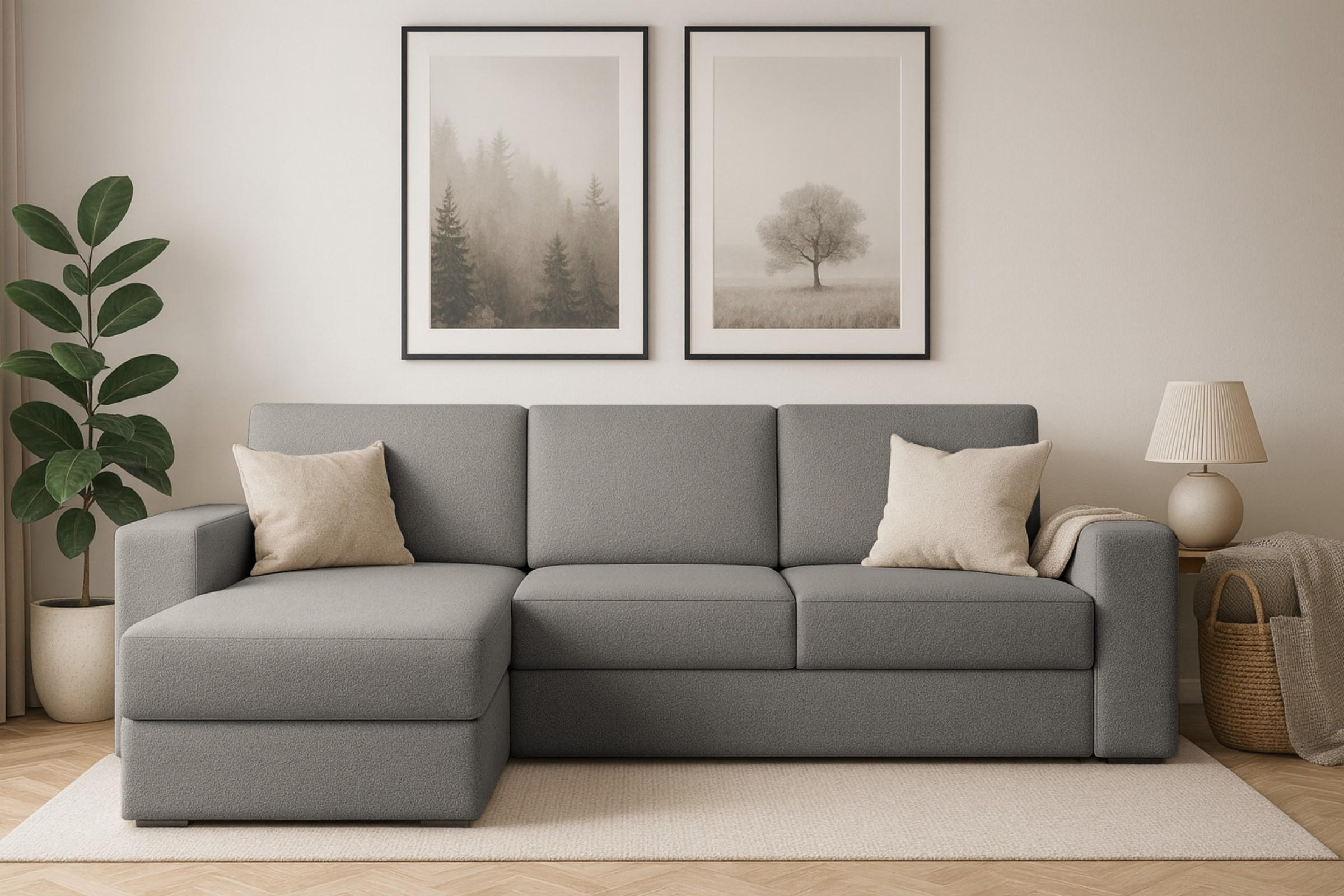 ECKSOFA TOCO L 240x145 cm in Boucle Dunkelgrau links - Creme, Holz/Holzwerkstoff (240/145cm) - Deine Möbel 24