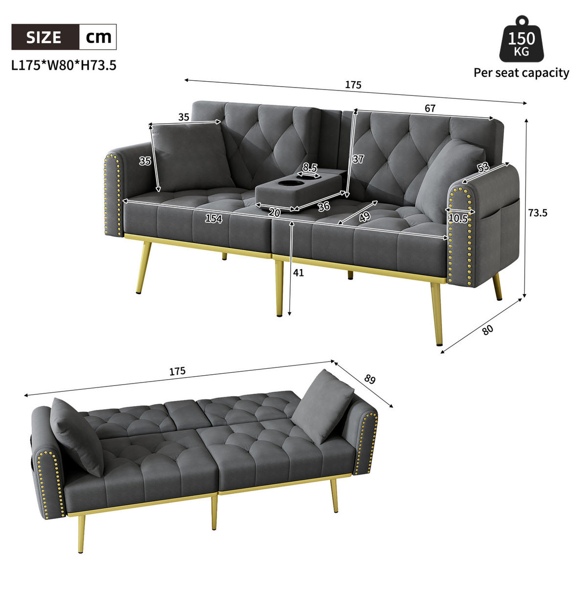 SCHLAFSOFA mit Liegefunktion 175 x 80 cm Samt Grau - Grau, Kunststoff (175/73.5/80cm) - Meubliv