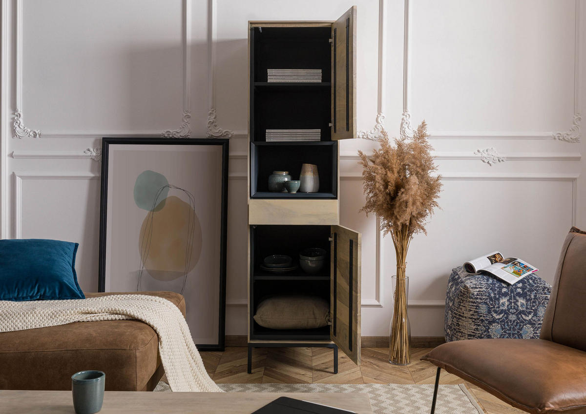 HIGHBOARD Akazie 45x45x175 grau-weiß geölt CHICAGO #10 - Braun, Holz (45/175/45cm) - Massivmoebel24