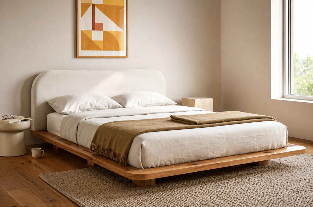 MASSIVHOLZBETT Eyko BORA, 200/200, Wildeiche - lackiert, Samt-Kopfteil Ecru - Ecru/Eichefarben, Holz/Textil (200/200cm)