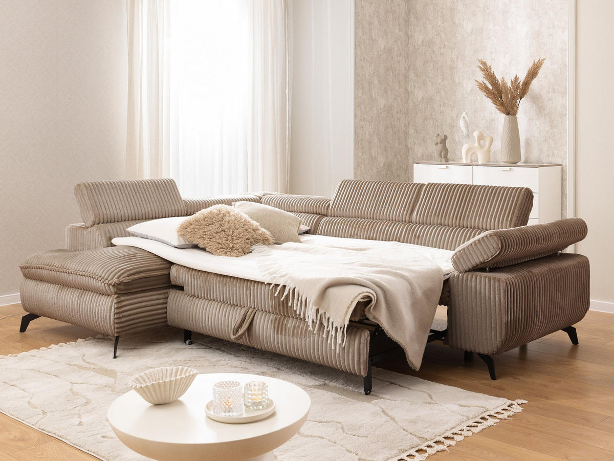 ECKSOFA mit Schlaffunktion und Bettkasten Bonnie aus Beige Cord-Stoff mit verstellbaren Kopfstützen und Armlehne - Ottomane links - Ecru/Beige, Holz/Textil (275/210cm) - S-Style Möbel