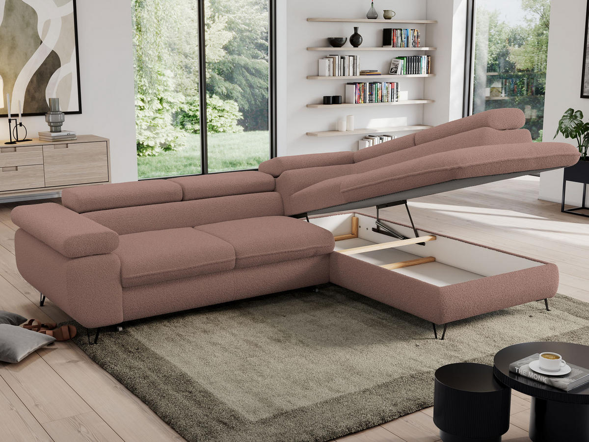 ECKSOFA PEDRO L Rosa Boucle - Rechts Seite - Schwarz/Rosa, Textil/Metall (273/208cm) - MKS