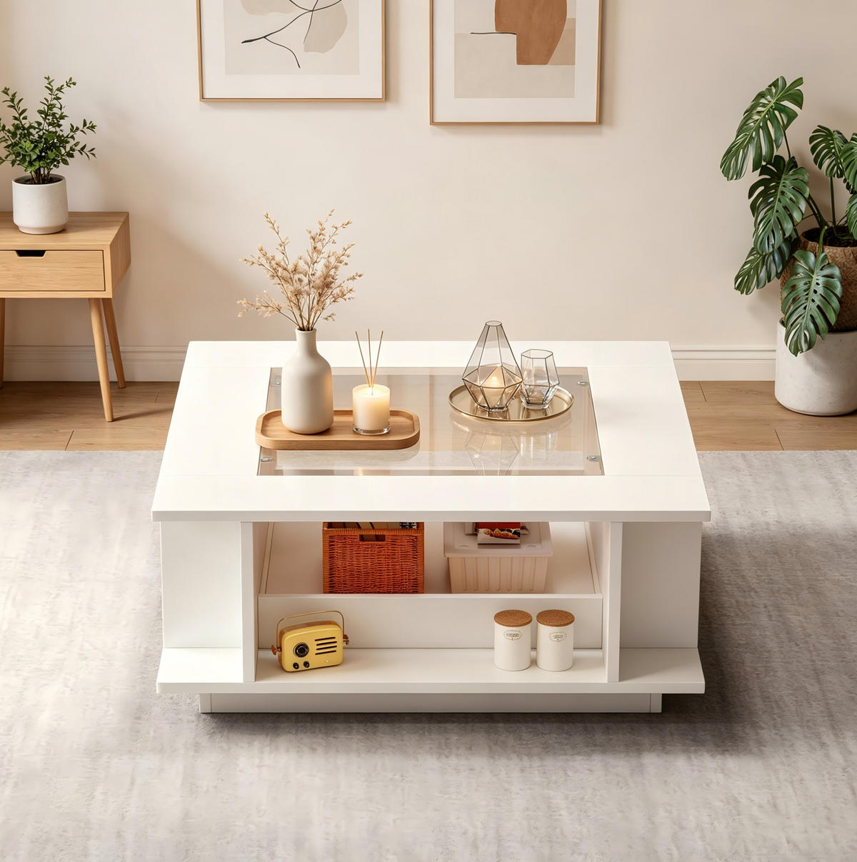 COUCHTISCH 70/70/30 cm weiß aus Spanplatte mit Glasplatte und LED - Weiß, Holzwerkstoff (70/70/30cm) - OKWISH