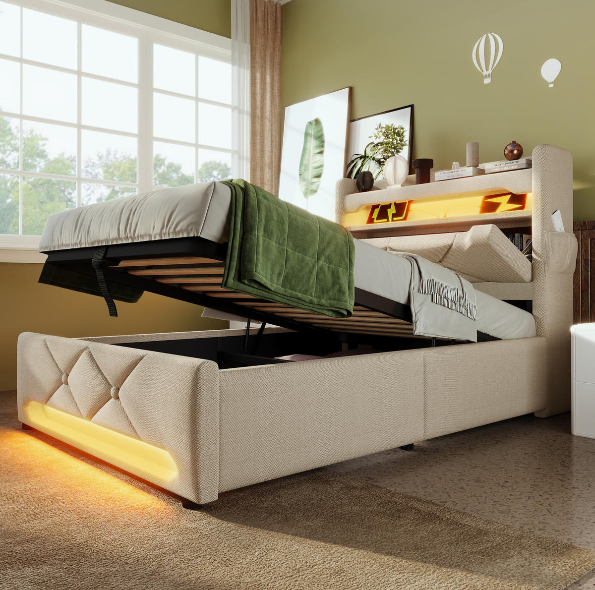 POLSTERBETT 90/200 cm mit Bettkasten, 360° LED & USB/Type-C im Kopfteil, Beige - Beige, Textil (90/200cm) - Redom