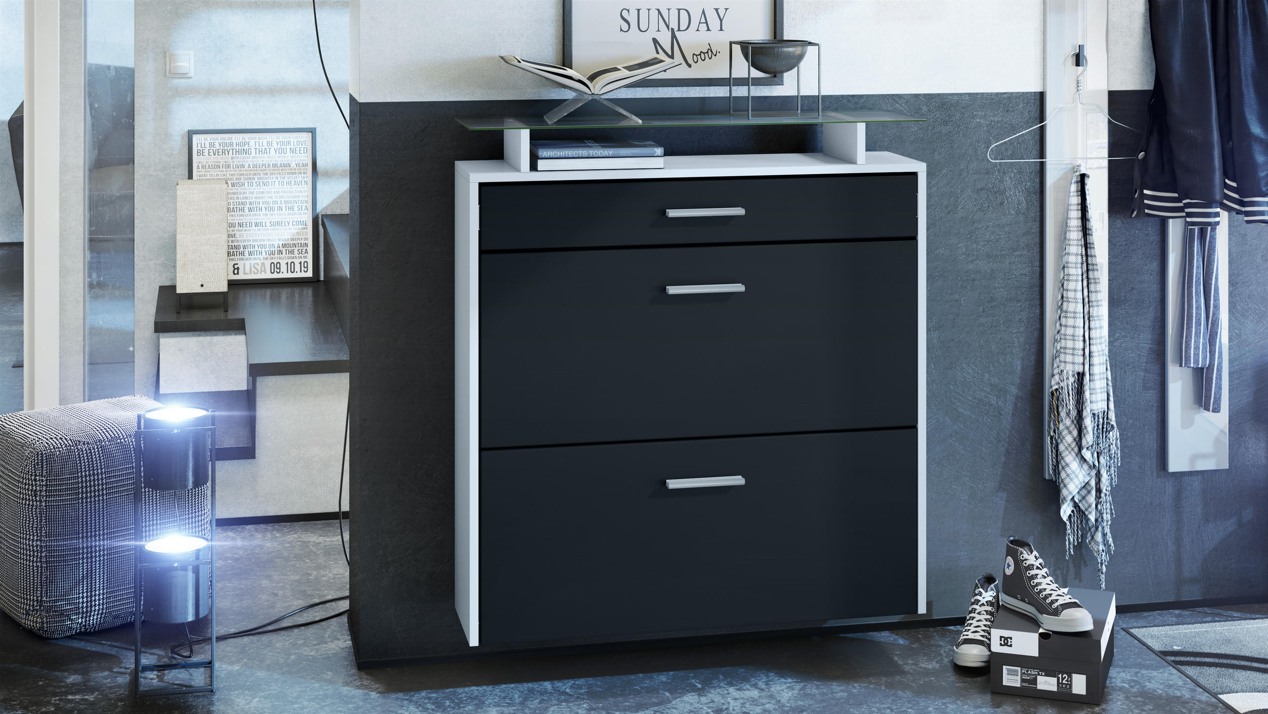 SCHUHSCHRANK Malea Front in Schwarz matt - Schwarz, Holzwerkstoff (89/96/23cm) - Vladon