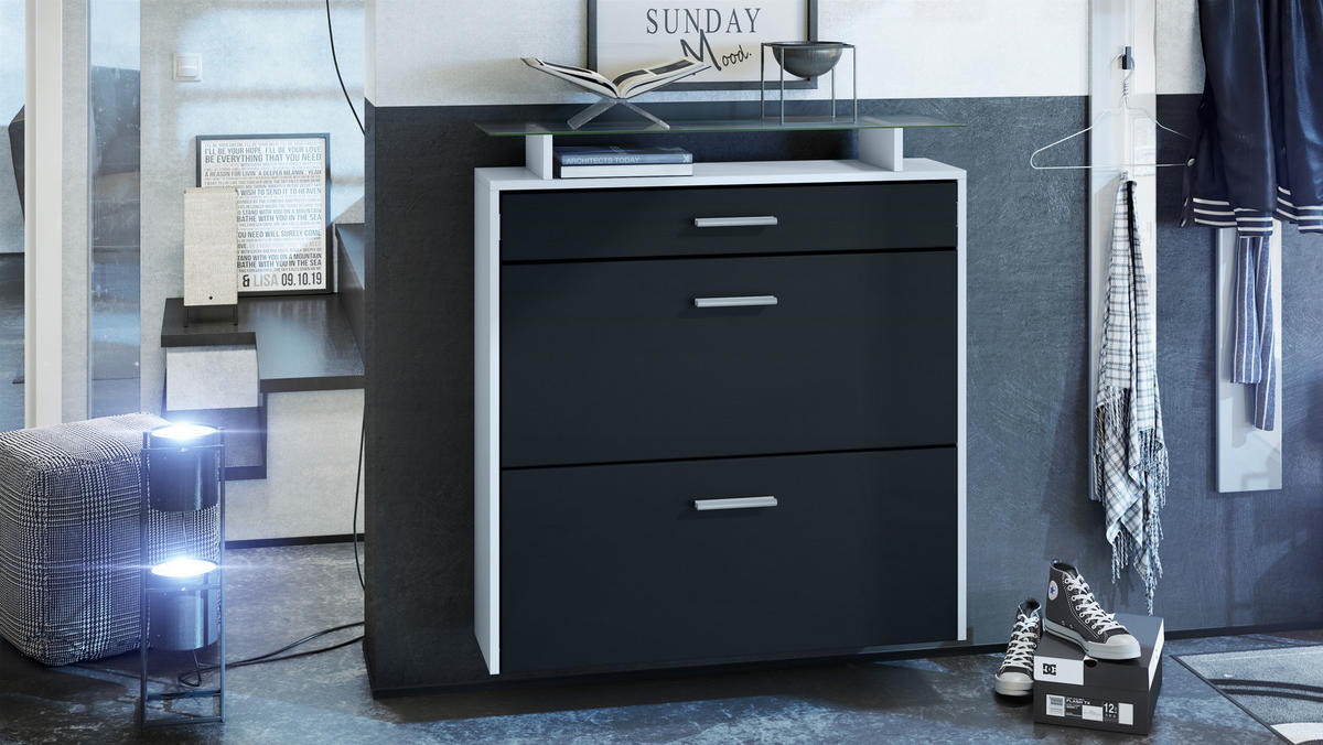 SCHUHSCHRANK Malea Front in Schwarz matt - Schwarz, Holzwerkstoff (89/96/23cm) - Vladon
