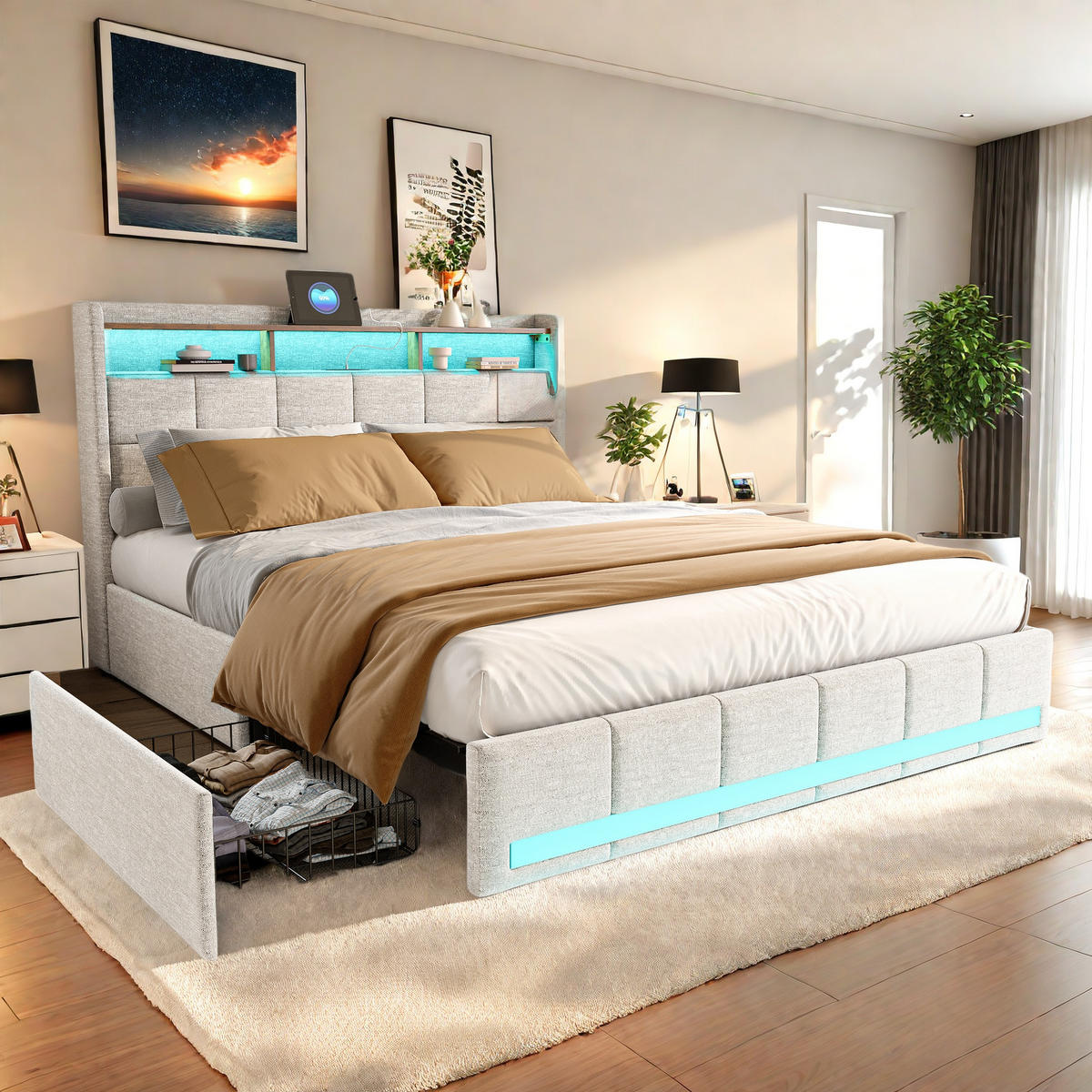 ČALÚNENÁ posteľ 140x200 cm béžová ľanová LED USB 4 zásuvky - béžová, kov - SHOPENTRA