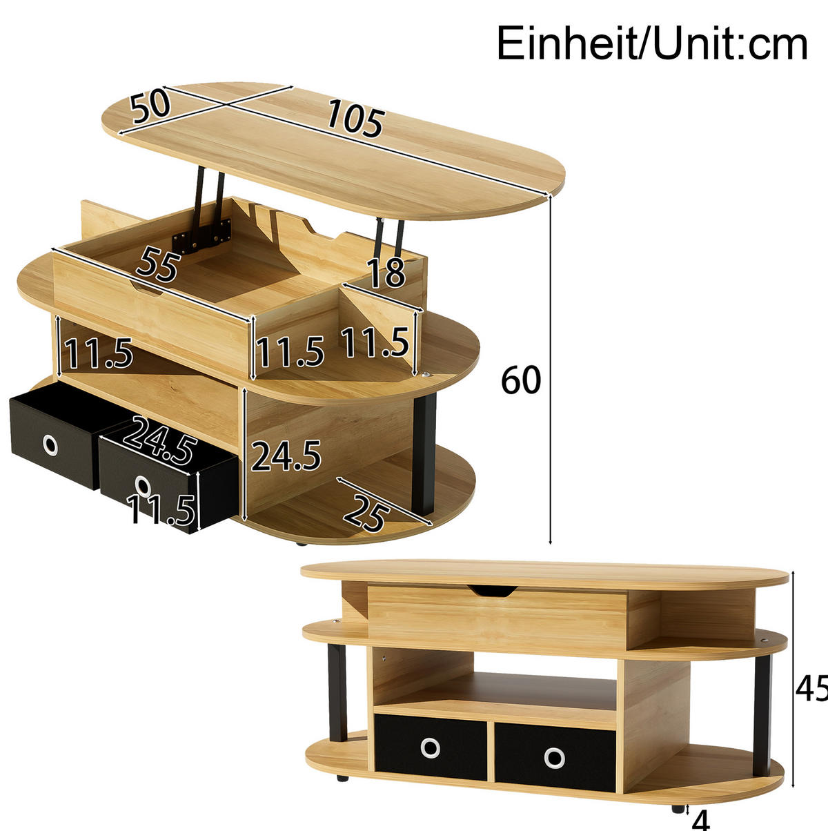 COUCHTISCH, Spanplatte mit Hebefunktion, Holzmaserung & schwarzen Stoffschubladen, 105/50/45/60 cm,Naturfarben - Naturfarben, Holzwerkstoff (105/50/60cm) - Redom