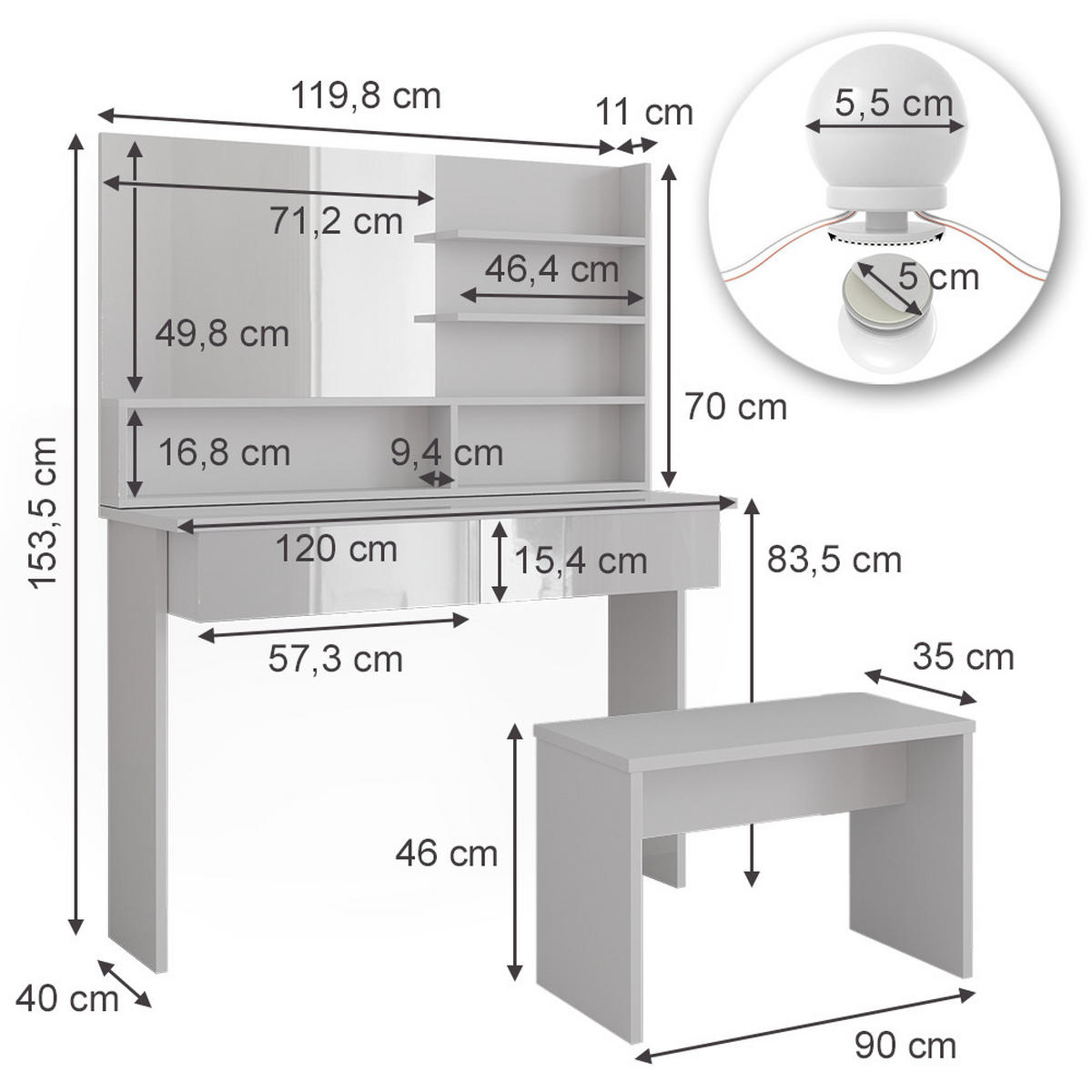 SCHMINKTISCH Azur Weiß 120 cm mit Spiegelregal, Bank & LED-Beleuchtung - Weiß Hochglanz/Weiß, Holzwerkstoff (120/83.5/40cm) - Vicco