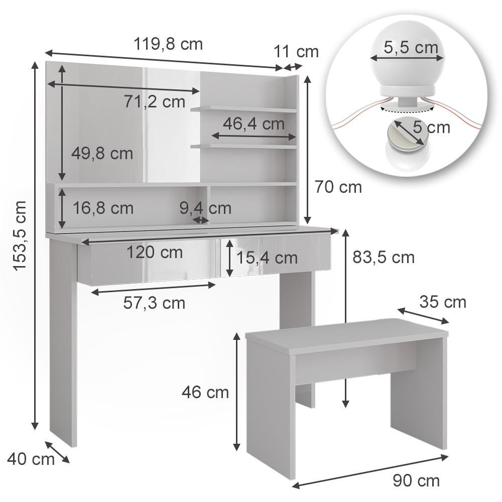 Thumbnail - Vicco Schminktisch, Weiß, Weiß Hochglanz, Holzwerkstoff, 2 Schubladen, Rechteckig, 120x83.5x40 cm, Schlafzimmer, Schmink...