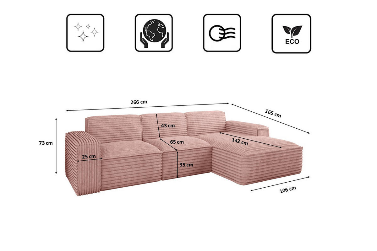 ECKSOFA L-Form Siena Stoff Velo Rosa Rechts - Rosa, Holz/Kunststoff (266/165cm) - Kaiser Möbel