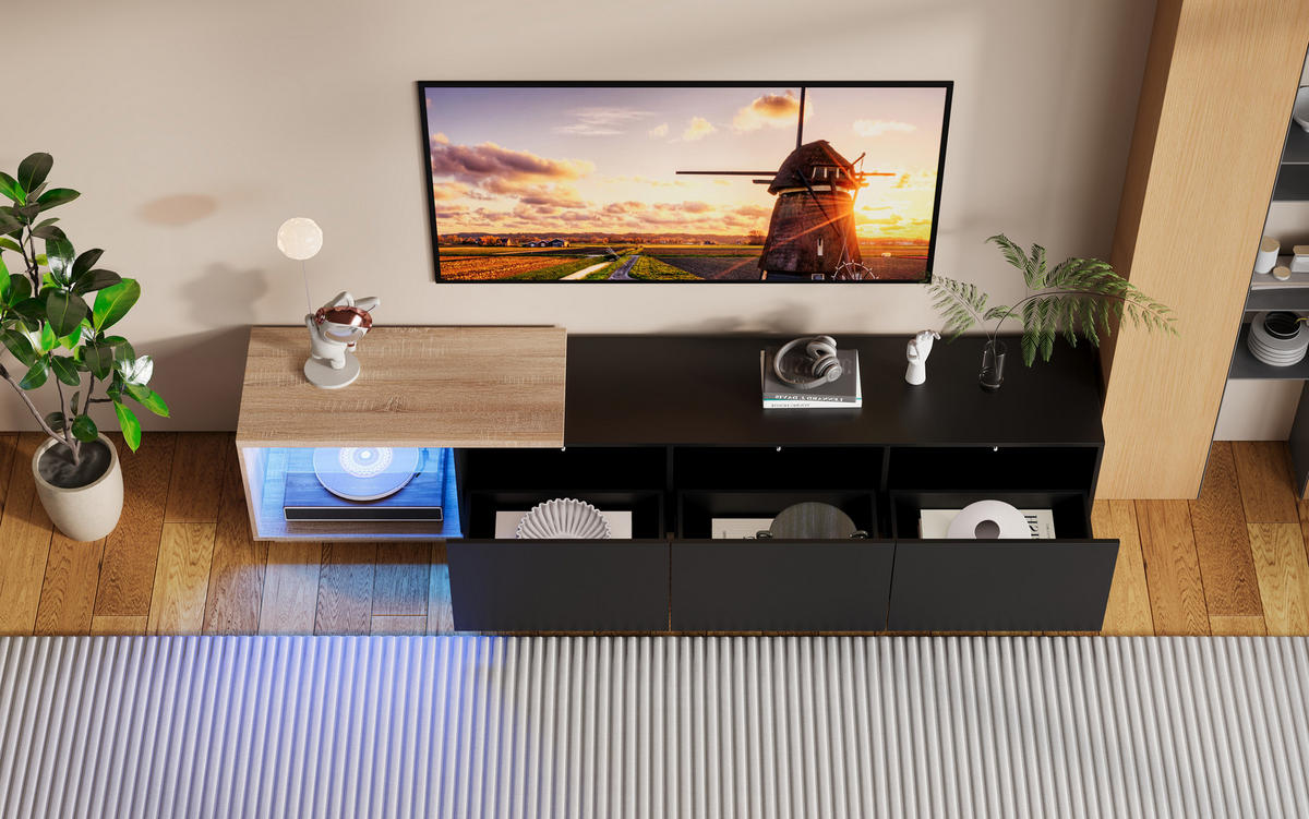 SVART utdragbar TV-skåp med LED-belysning och lådor - Svart, Träbaserade material (38/44/240cm) - SHOPENTRA