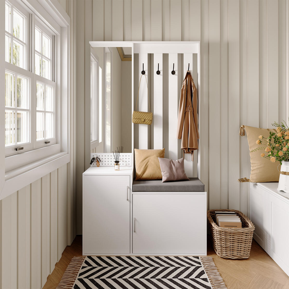 GARDEROBE 6-in-1 Weiß mit Spiegel, Sitzbank und Schuhschrank für den Flur - Weiß, Holzwerkstoff (40/180/100cm) - SHOPENTRA