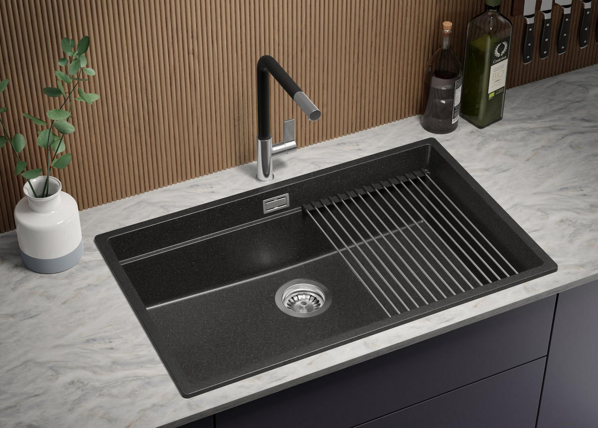 SPÜLBECKEN Praga Slim, 2-er set Anthrazit 76/47 cm 1 Becken + Ablauf-Set + Aufrollbare Abtropffläche ab 80er Unterschrank - Chromfarben/Anthrazit, Kunststoff (76/20/47cm) - Primagran