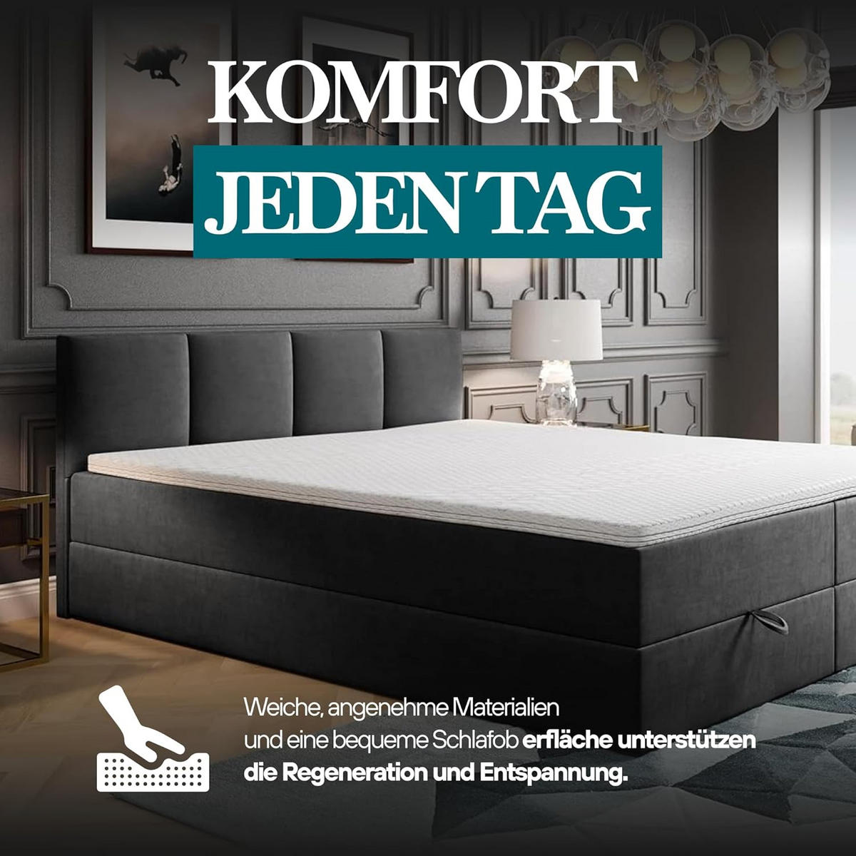 BOXBETT mit Bettkasten und Bonellmatratze - ROYAL - Elegant Bett mit Topper - 140x200 cm - Dunkelgrau - Dunkelgrau, Holzwerkstoff/Kunststoff (140/200cm) - Trada