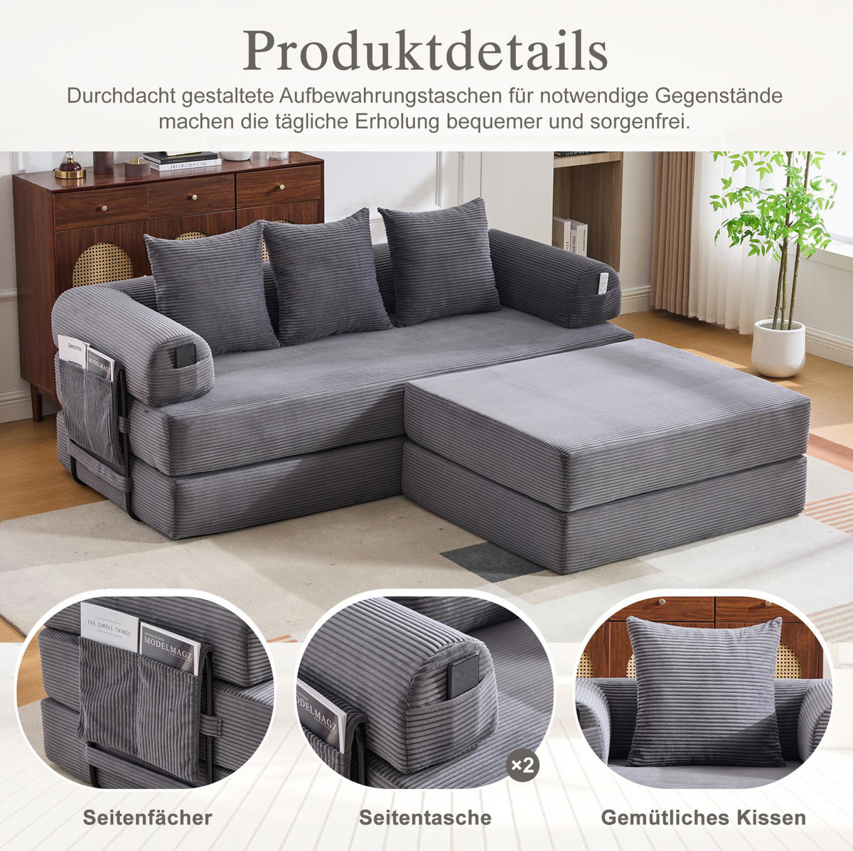 ECKSOFA aus Cord 200x190x67 cm Dunkelgrau mit Hocker, Seitentasche und 3 Kissen - Dunkelgrau, Textil (200/190cm) - Modfu